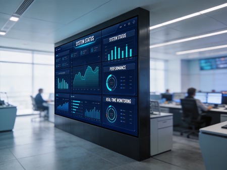 Indoor fixed LED video wall installed in corporate command and control center showing data dashboard