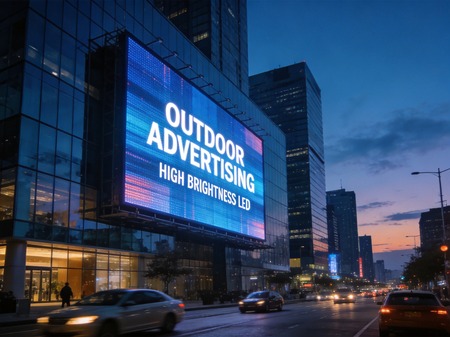 Outdoor advertising LED screen mounted on commercial building facade at dusk with high brightness display