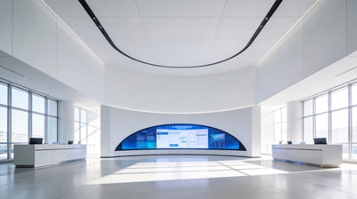 Dark-modern-LED-display-company-showroom-with-curved-LED-video-wall-glowing-blue-light-at-night