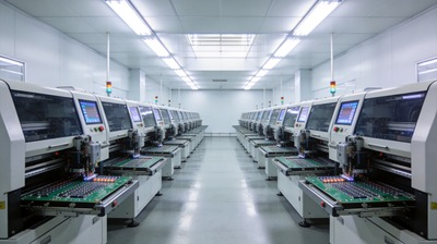 Modern-LED-display-SMT-manufacturing-line-with-automated-machines-in-dark-clean-factory-with-cinemat