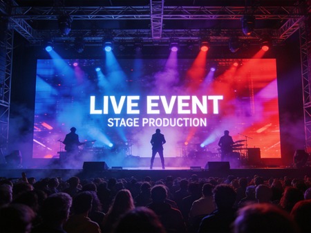 Stage rental LED video wall at live concert event with dynamic colorful visuals and stage lighting