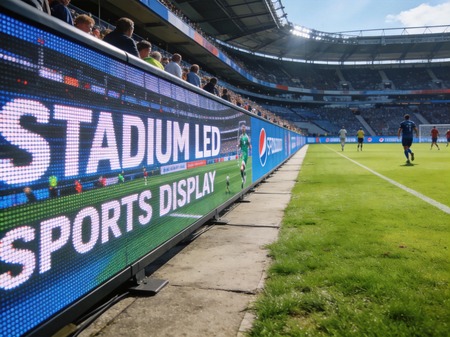 Stadium perimeter LED display running alongside professional football pitch during daytime match