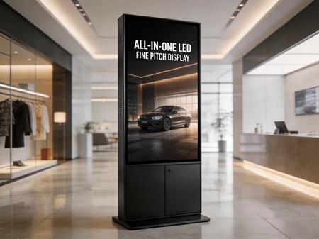 All-in-one fine pitch LED poster display standing in modern corporate lobby with high-definition content