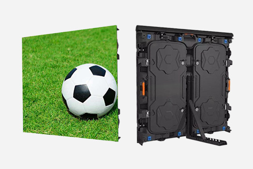 Front view of a stadium perimeter LED screen shows a soccer ball on grass, back view reveals its rugged modular design. Ideal for sports venue displays, highlighting the led screen’s application in stadiums.