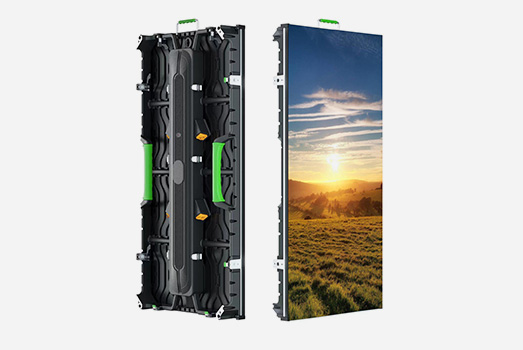 A stage and rental led screen shown from both the back and front. The back features a rugged, modular design with green - hued handles, while the front displays a scenic sunset view, highlighting the led screen\'s visual quality for event use.