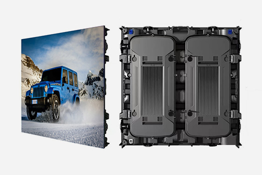 An outdoor fixed LED screen, shown with a front - view displaying an image of a blue jeep in a snowy mountainous area, and a back - view revealing its robust and structured design, ideal for outdoor advertising and display needs.