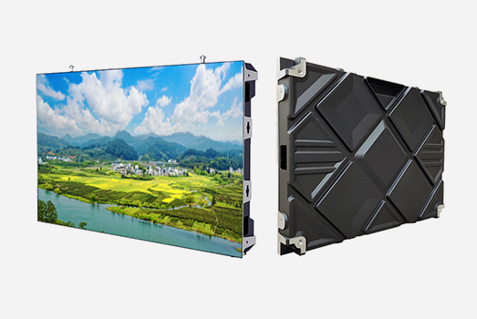 An indoor fixed LED screen, presented with a front - view showing a picturesque landscape of green fields, rivers, mountains under a blue sky with clouds, and a back - view highlighting its sturdy, geometric - patterned design, suitable for indoor display and decoration purposes.