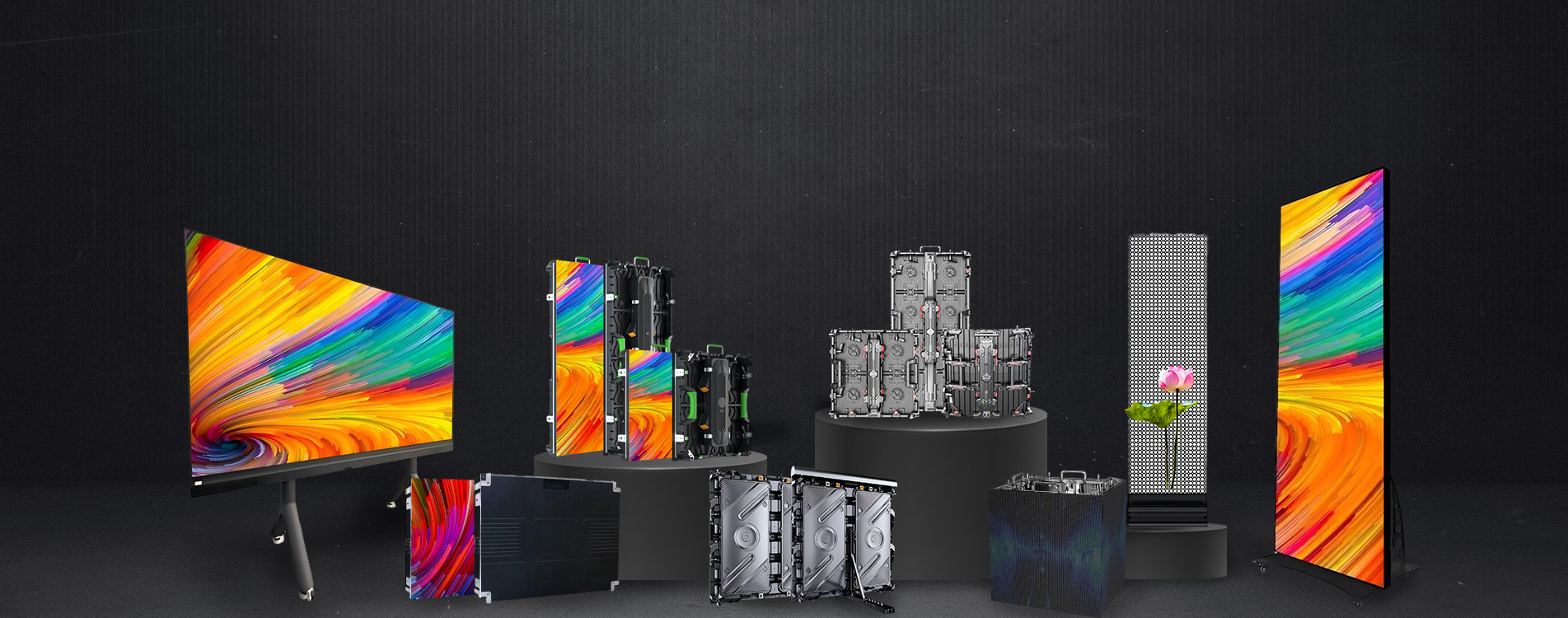 Dark background with blue, wavy, dotted patterns, evoking a tech - inspired vibe. Suits showcasing advanced LED display (led screen, led wall) tech, blending digital art with LED innovation.