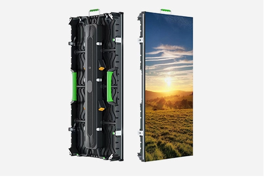 A stage and rental led screen shown from both the back and front. The back features a rugged, modular design with green - hued handles, while the front displays a scenic sunset view, highlighting the led screen\'s visual quality for event use.