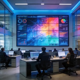 LED panel video wall installed in corporate control room command center with operators at workstations