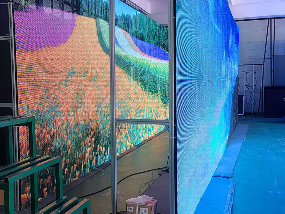 Commercial digital display installation comparing solid and clear screen types
