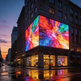 Outdoor LED panel advertising billboard display mounted on commercial building facade at dusk