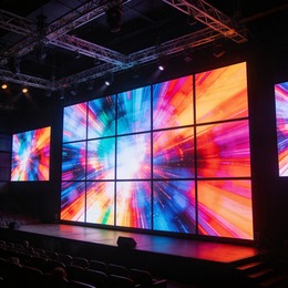 Stage rental LED panel video wall backdrop at live concert event with dynamic lighting