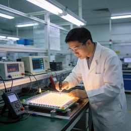 LED panel quality control engineer inspecting glowing module on test bench with diagnostic instruments
